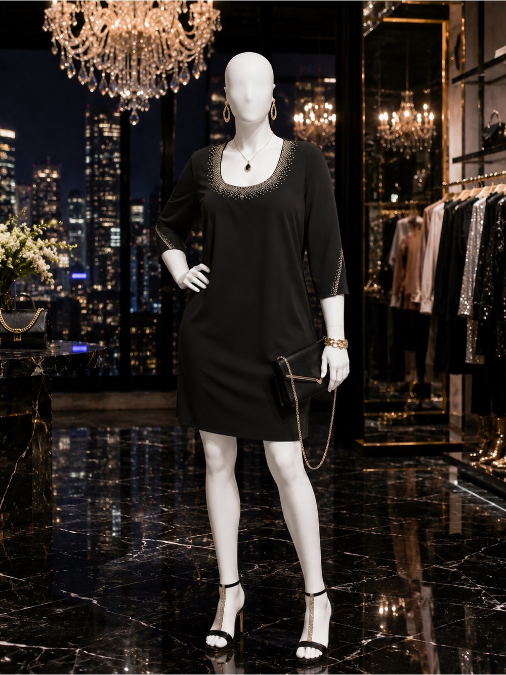 Calvin Klein Black Long Sleeve Scoop Neck Dress with Rhinestone Accents